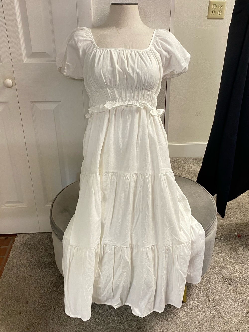 Paper Crane White Square Neck Puff Sleeve Tiered Maxi Dress with Smocked Bodice